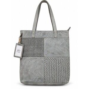 NWT Milo Canada Gray Washed Leather Patchwork Woven Tote Shoulder Bag